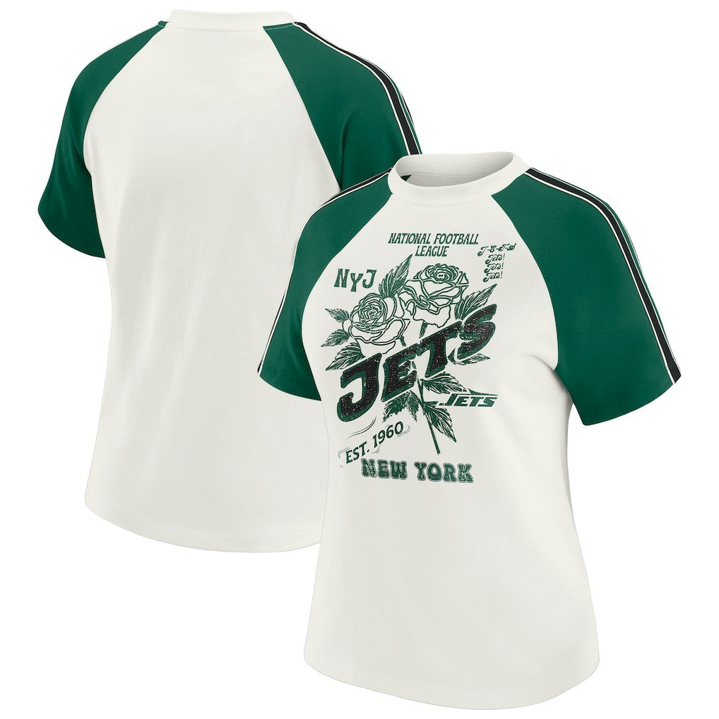 New York Jets WEAR by Erin Andrews Women's Sleeve Stripe Distressed Raglan T-Shirt | NFL Outlet