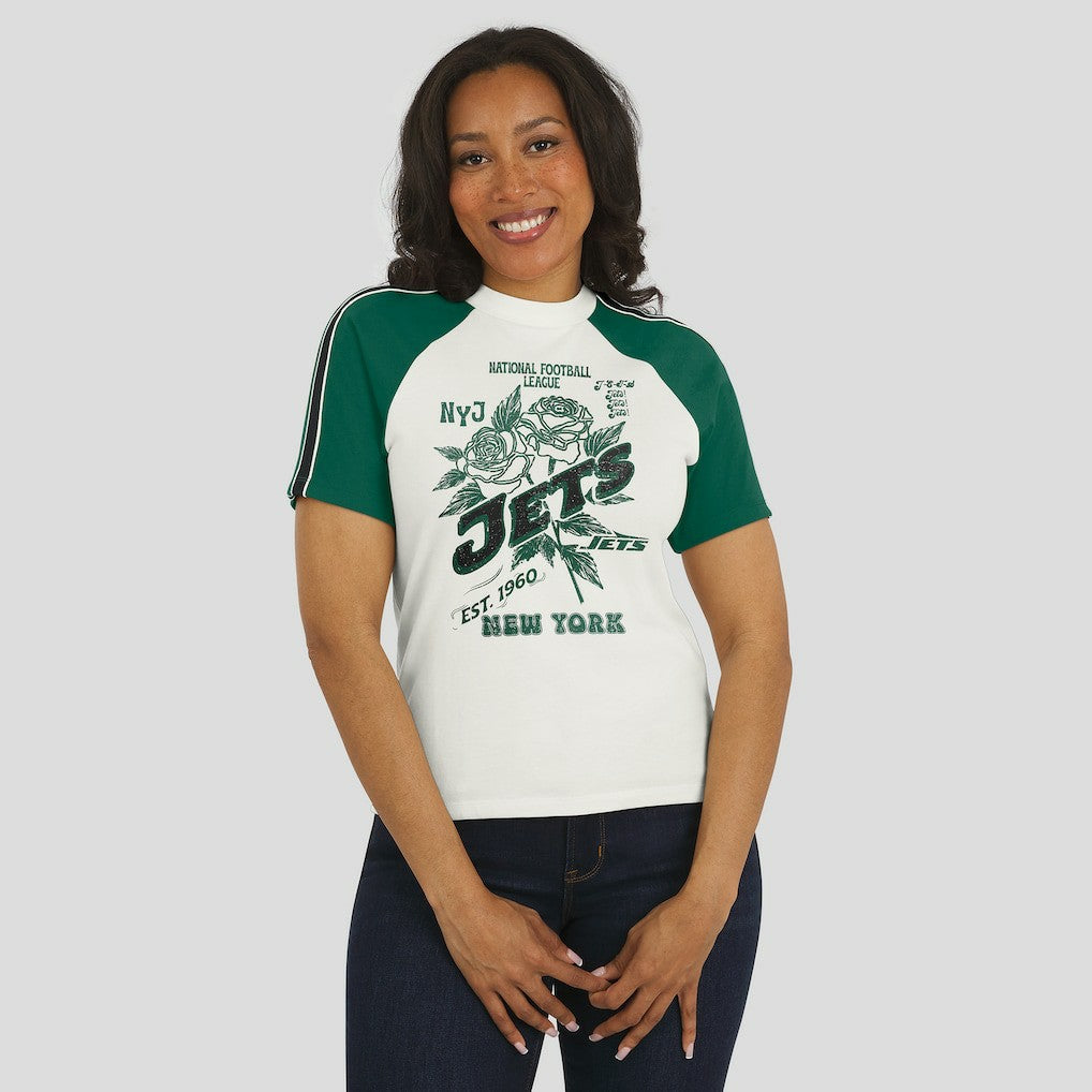 New York Jets WEAR by Erin Andrews Women's Sleeve Stripe Distressed Raglan T-Shirt | NFL Outlet
