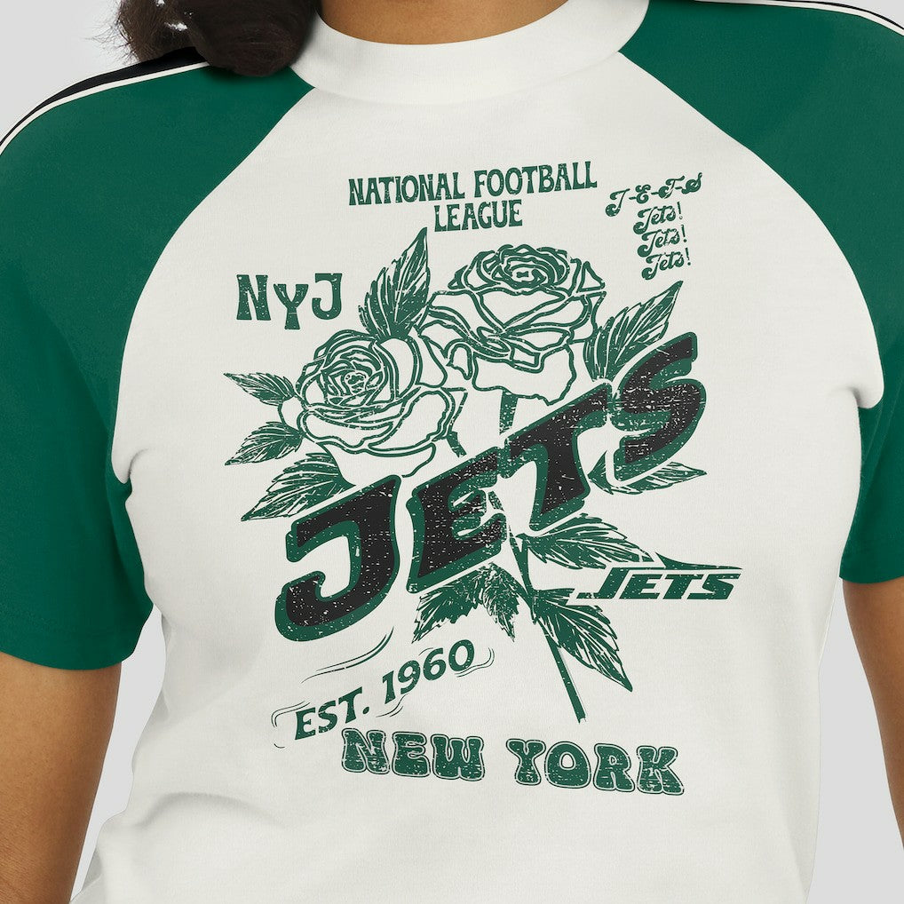 New York Jets WEAR by Erin Andrews Women's Sleeve Stripe Distressed Raglan T-Shirt | NFL Outlet