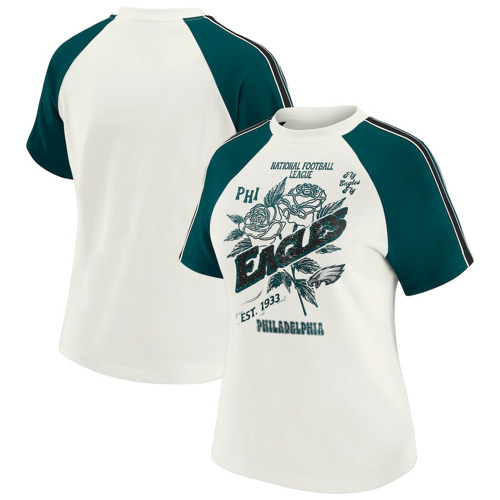 Philadelphia Eagles WEAR by Erin Andrews Women's Sleeve Stripe Distressed Raglan T-Shirt | NFL Discount
