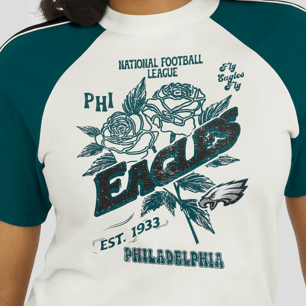 Philadelphia Eagles WEAR by Erin Andrews Women's Sleeve Stripe Distressed Raglan T-Shirt | NFL Discount