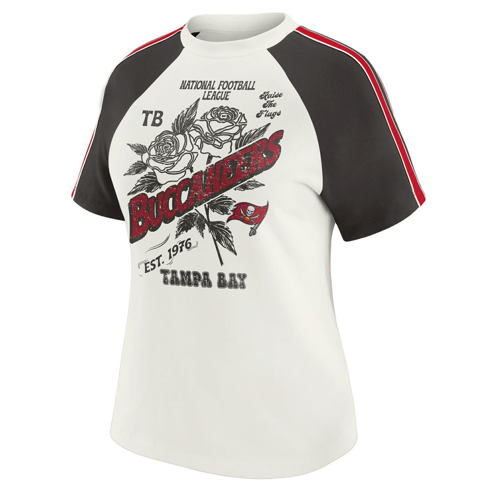 Tampa Bay Buccaneers WEAR by Erin Andrews Women's Sleeve Stripe Distressed Raglan T-Shirt | NFL Sale