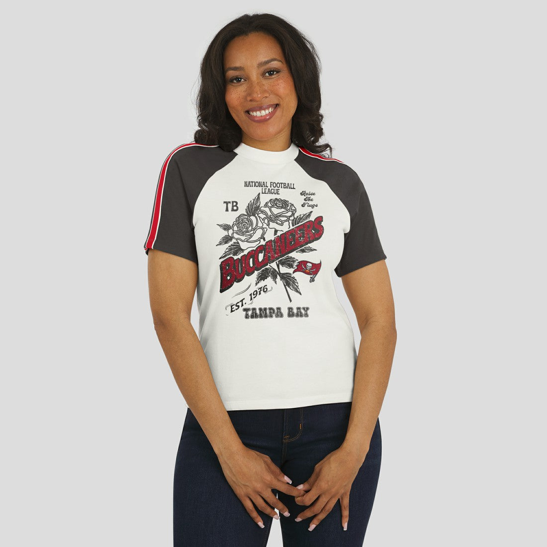 Tampa Bay Buccaneers WEAR by Erin Andrews Women's Sleeve Stripe Distressed Raglan T-Shirt | NFL Sale