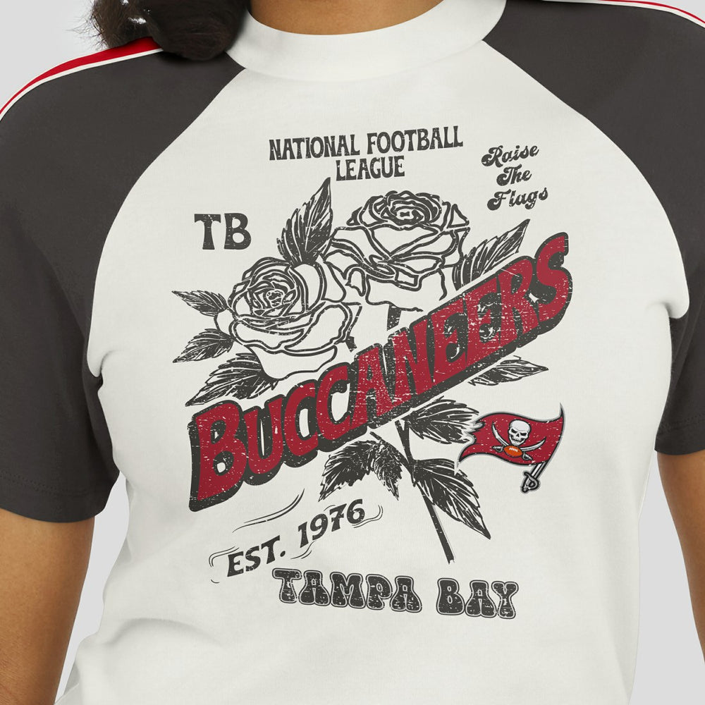 Tampa Bay Buccaneers WEAR by Erin Andrews Women's Sleeve Stripe Distressed Raglan T-Shirt | NFL Sale