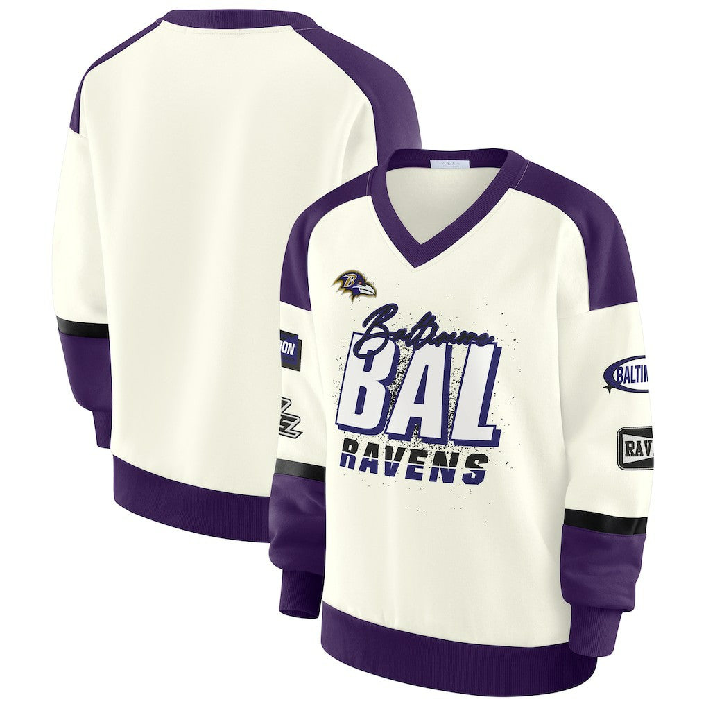 Baltimore Ravens WEAR by Erin Andrews Women's Racing Crew V-Neck Sweatshirt | NFL Near me