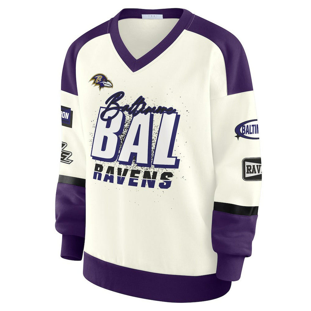 Baltimore Ravens WEAR by Erin Andrews Women's Racing Crew V-Neck Sweatshirt | NFL Near me
