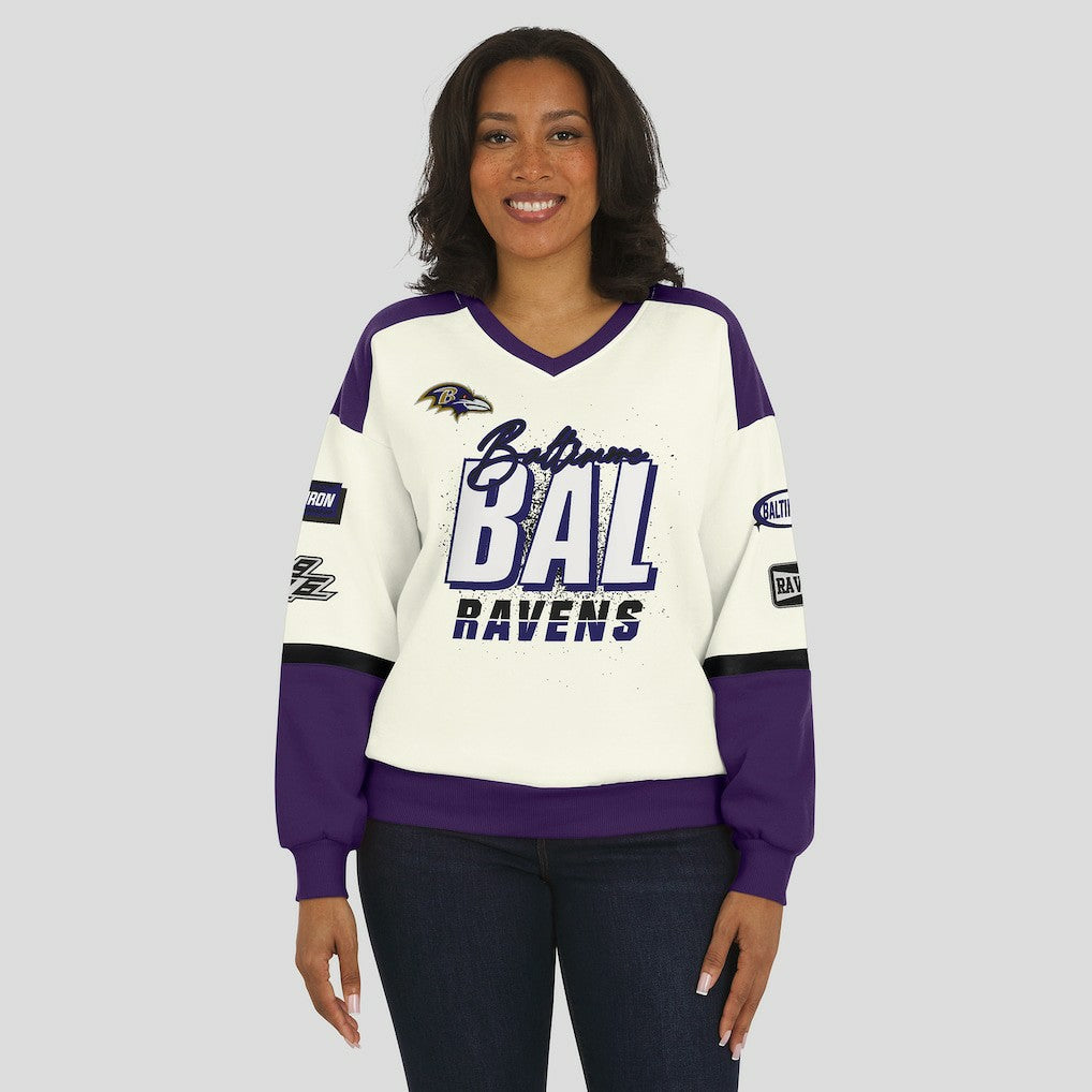 Baltimore Ravens WEAR by Erin Andrews Women's Racing Crew V-Neck Sweatshirt | NFL Near me