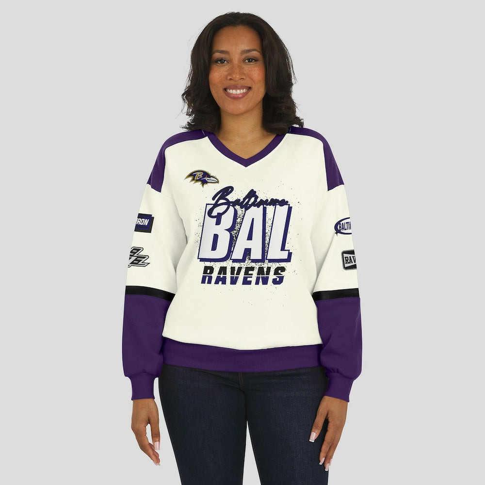 Baltimore Ravens WEAR by Erin Andrews Women's Racing Crew V-Neck Sweatshirt | NFL Near me