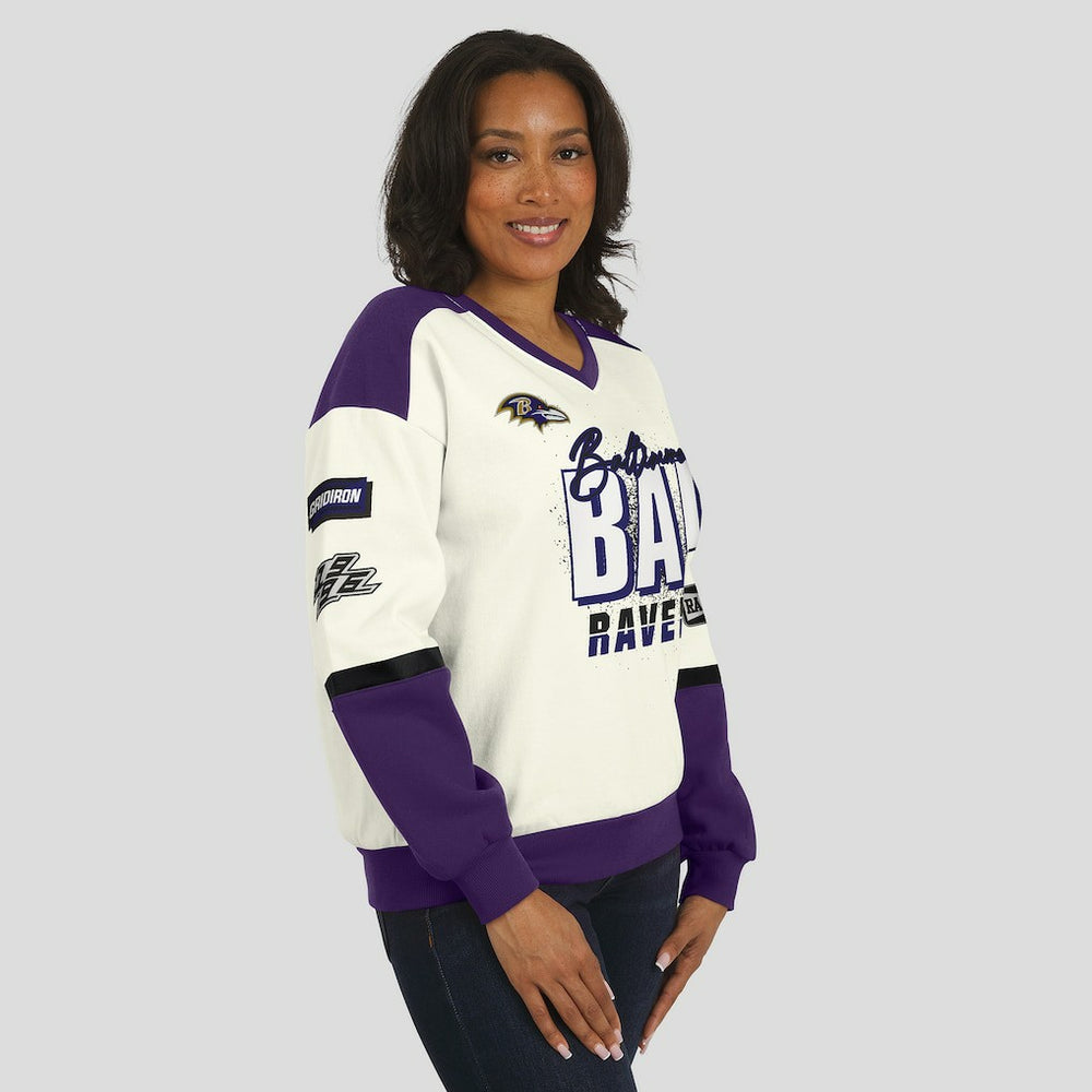 Baltimore Ravens WEAR by Erin Andrews Women's Racing Crew V-Neck Sweatshirt | NFL Near me