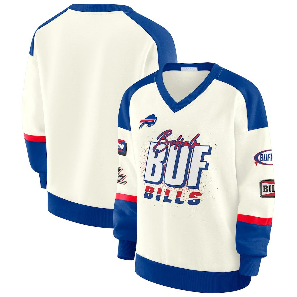 Buffalo Bills WEAR by Erin Andrews Women's Racing Crew V-Neck Sweatshirt | NFL Outlet