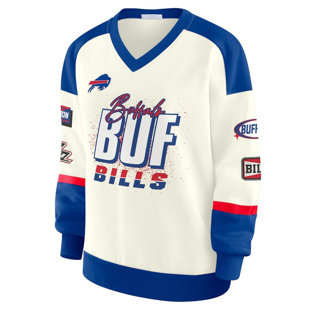 Buffalo Bills WEAR by Erin Andrews Women's Racing Crew V-Neck Sweatshirt | NFL Outlet