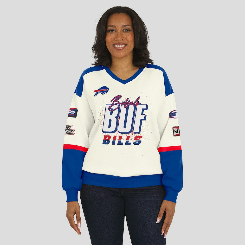 Buffalo Bills WEAR by Erin Andrews Women's Racing Crew V-Neck Sweatshirt | NFL Outlet