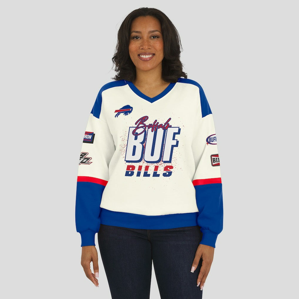 Buffalo Bills WEAR by Erin Andrews Women's Racing Crew V-Neck Sweatshirt | NFL Outlet