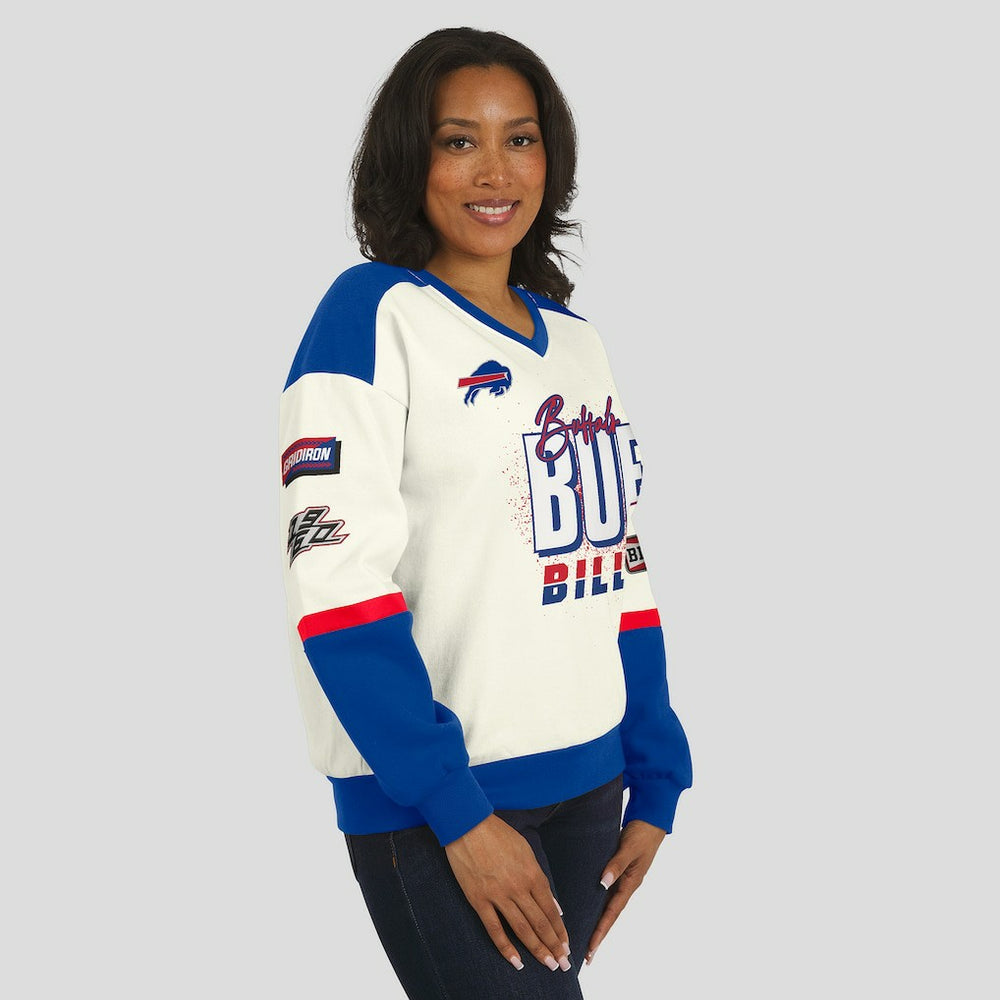 Buffalo Bills WEAR by Erin Andrews Women's Racing Crew V-Neck Sweatshirt | NFL Outlet