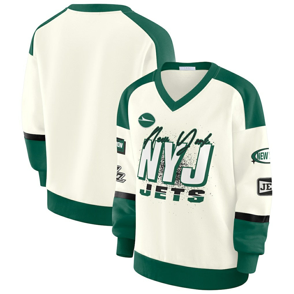 New York Jets WEAR by Erin Andrews Women's Racing Crew V-Neck Sweatshirt | NFL Near me
