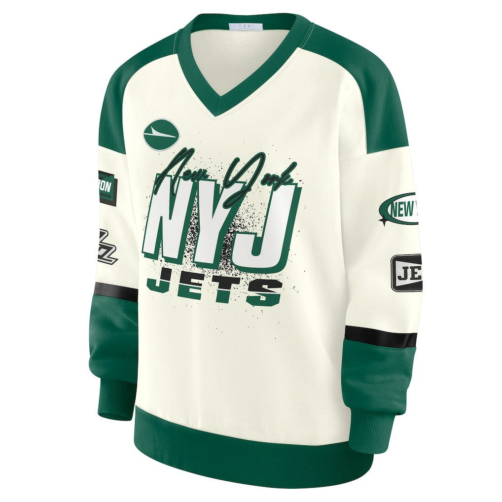 New York Jets WEAR by Erin Andrews Women's Racing Crew V-Neck Sweatshirt | NFL Near me