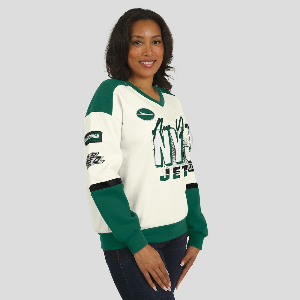 New York Jets WEAR by Erin Andrews Women's Racing Crew V-Neck Sweatshirt | NFL Near me
