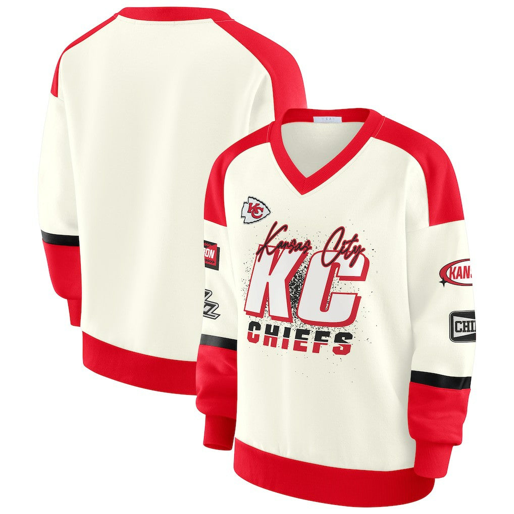 Kansas City Chiefs WEAR by Erin Andrews Women's Racing Crew V-Neck Sweatshirt | NFL Hot