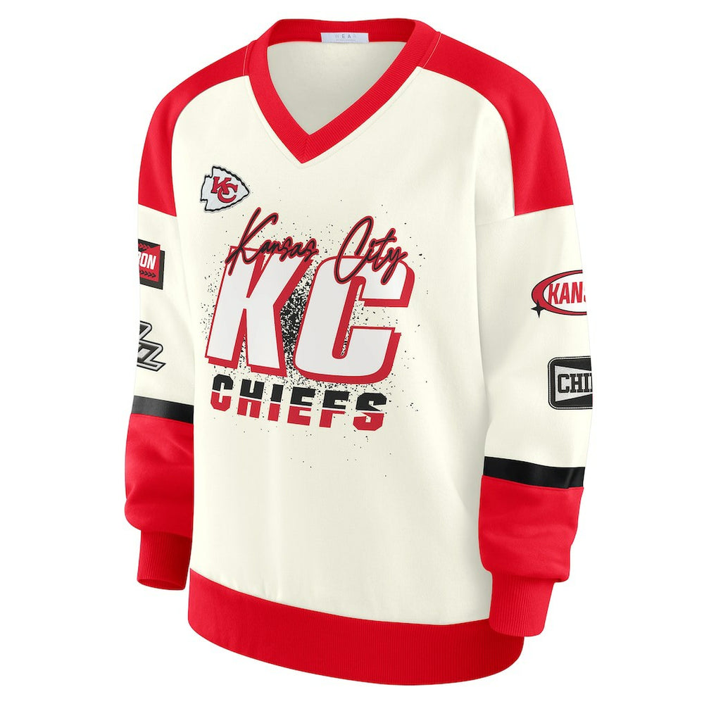 Kansas City Chiefs WEAR by Erin Andrews Women's Racing Crew V-Neck Sweatshirt | NFL Hot