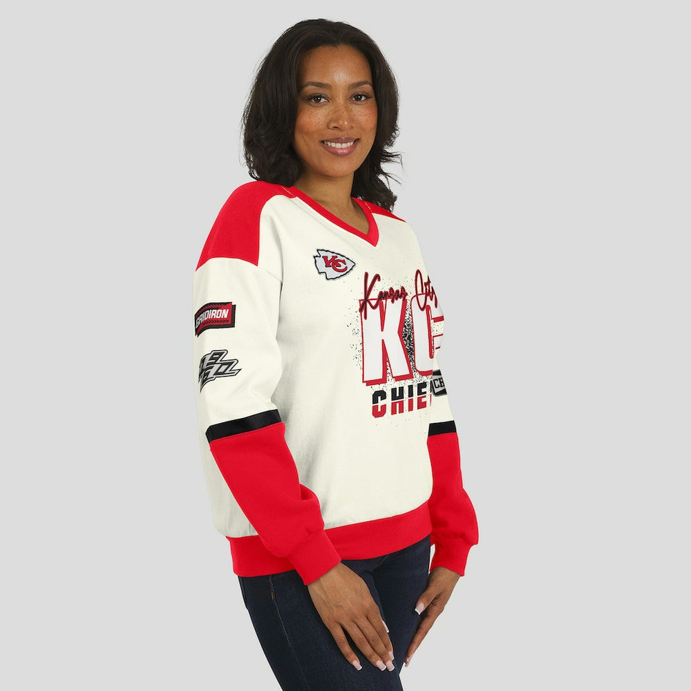 Kansas City Chiefs WEAR by Erin Andrews Women's Racing Crew V-Neck Sweatshirt | NFL Hot