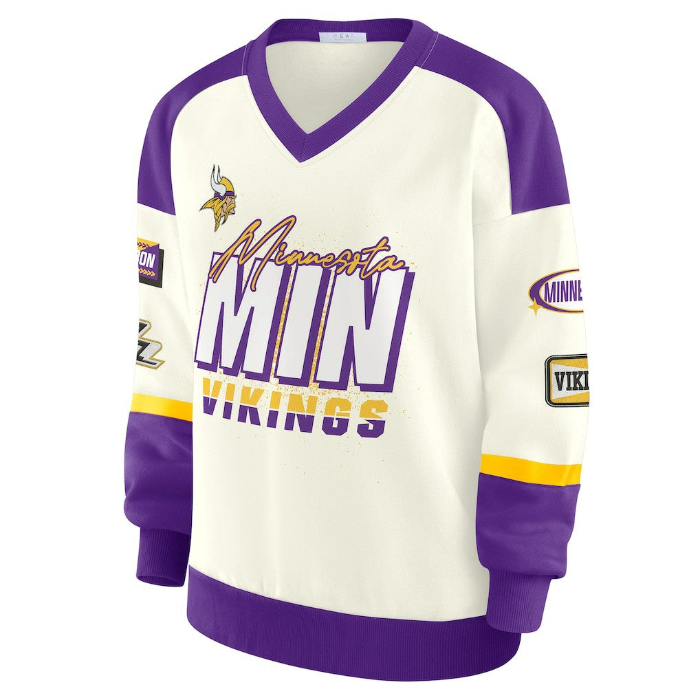 Minnesota Vikings WEAR by Erin Andrews Women's Racing Crew V-Neck Sweatshirt | NFL US