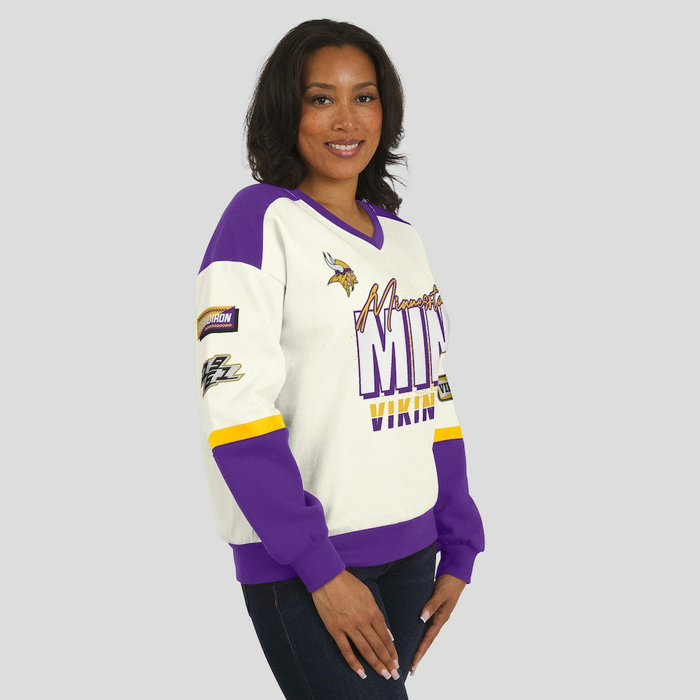 Minnesota Vikings WEAR by Erin Andrews Women's Racing Crew V-Neck Sweatshirt | NFL US