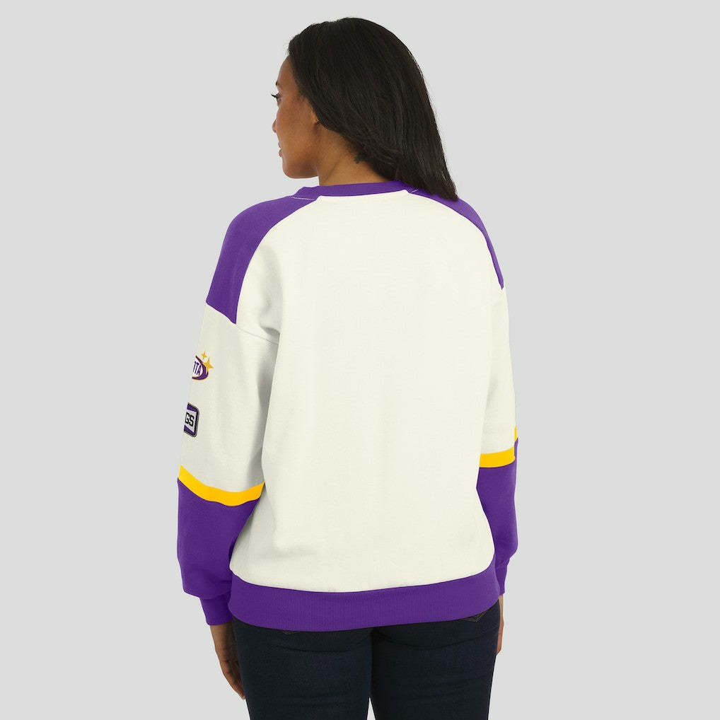 Minnesota Vikings WEAR by Erin Andrews Women's Racing Crew V-Neck Sweatshirt | NFL US