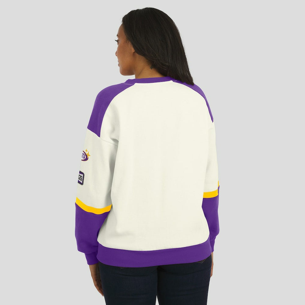 Minnesota Vikings WEAR by Erin Andrews Women's Racing Crew V-Neck Sweatshirt | NFL US