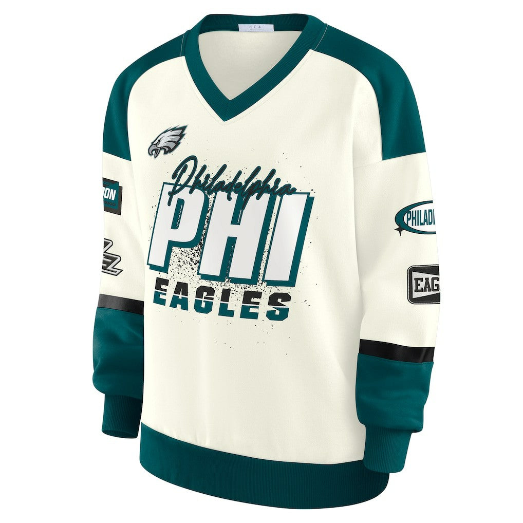 Philadelphia Eagles WEAR by Erin Andrews Women's Racing Crew V-Neck Sweatshirt | NFL Sale