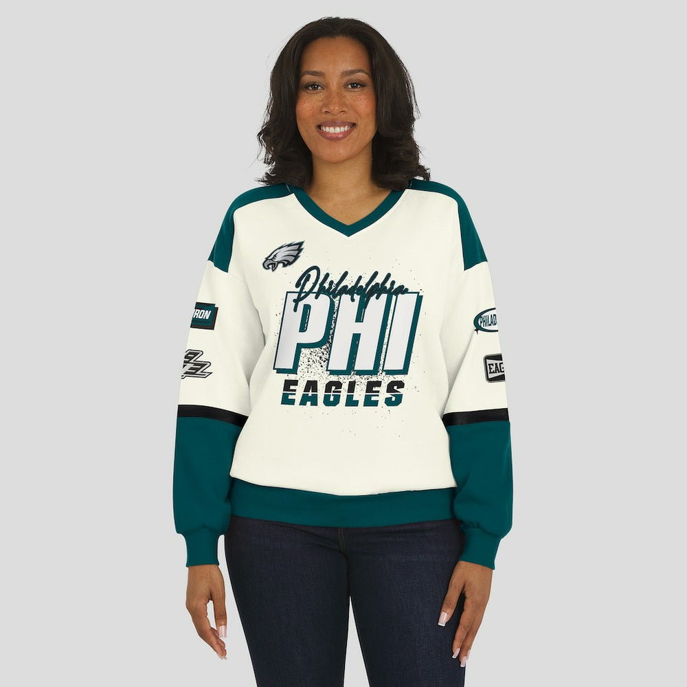 Philadelphia Eagles WEAR by Erin Andrews Women's Racing Crew V-Neck Sweatshirt | NFL Sale