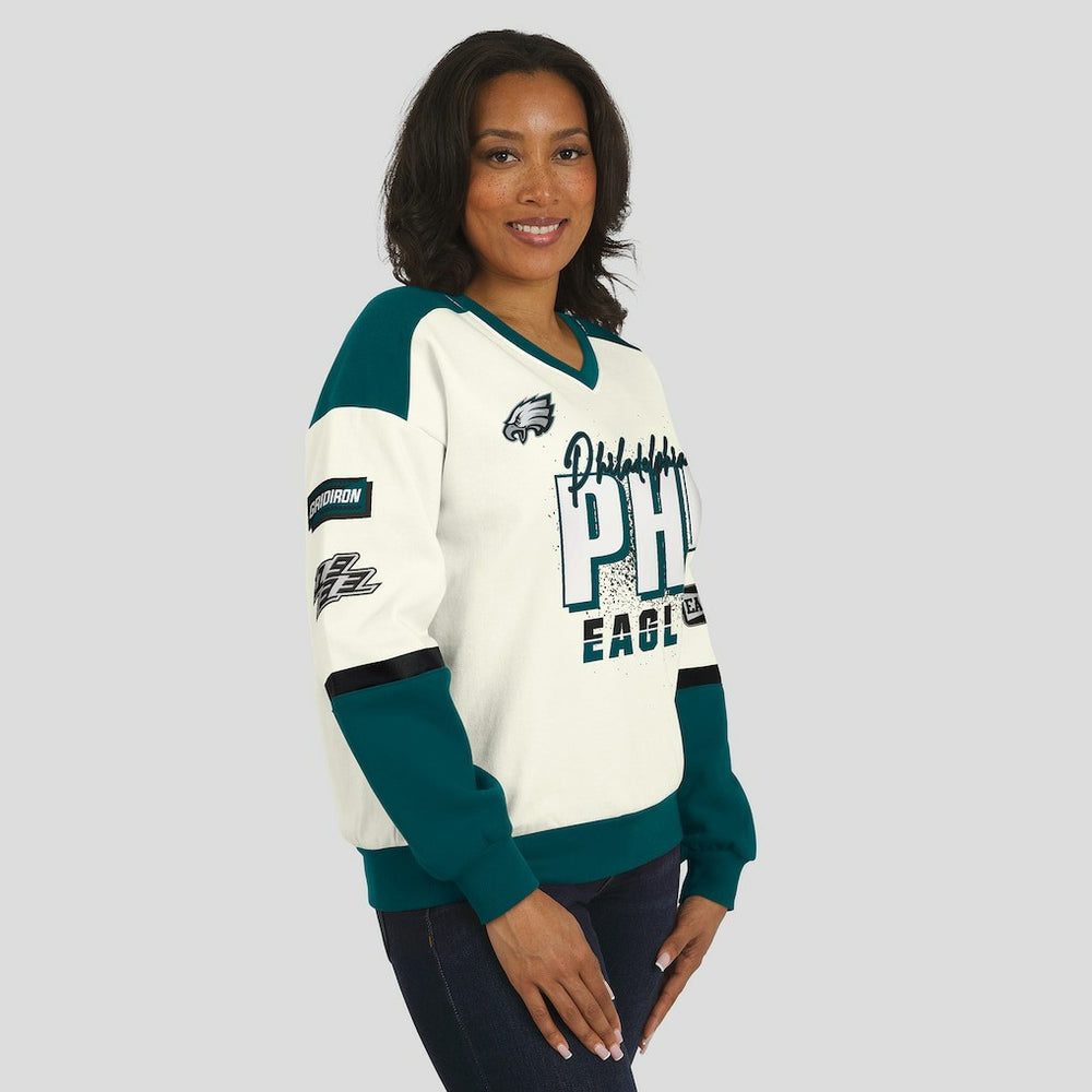 Philadelphia Eagles WEAR by Erin Andrews Women's Racing Crew V-Neck Sweatshirt | NFL Sale