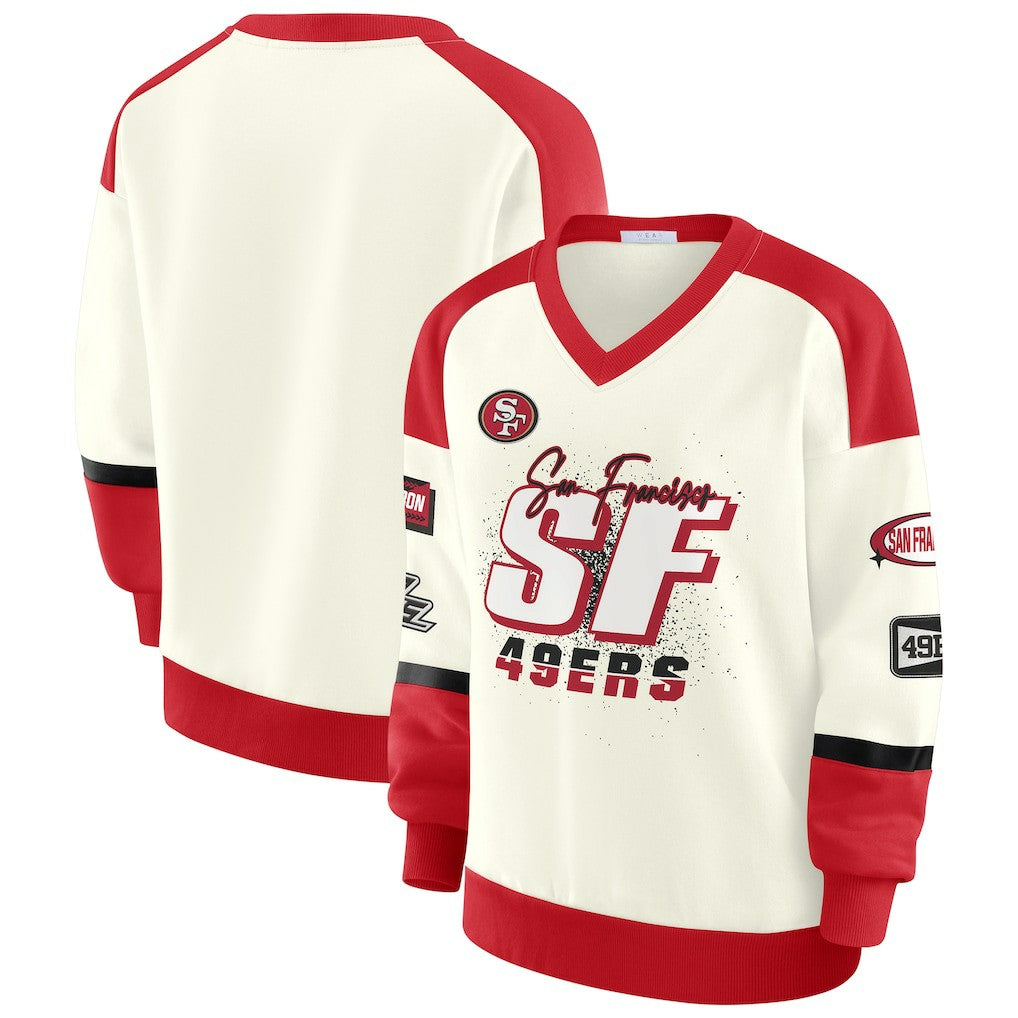 San Francisco 49ers WEAR by Erin Andrews Women's Racing Crew V-Neck Sweatshirt | NFL Near me