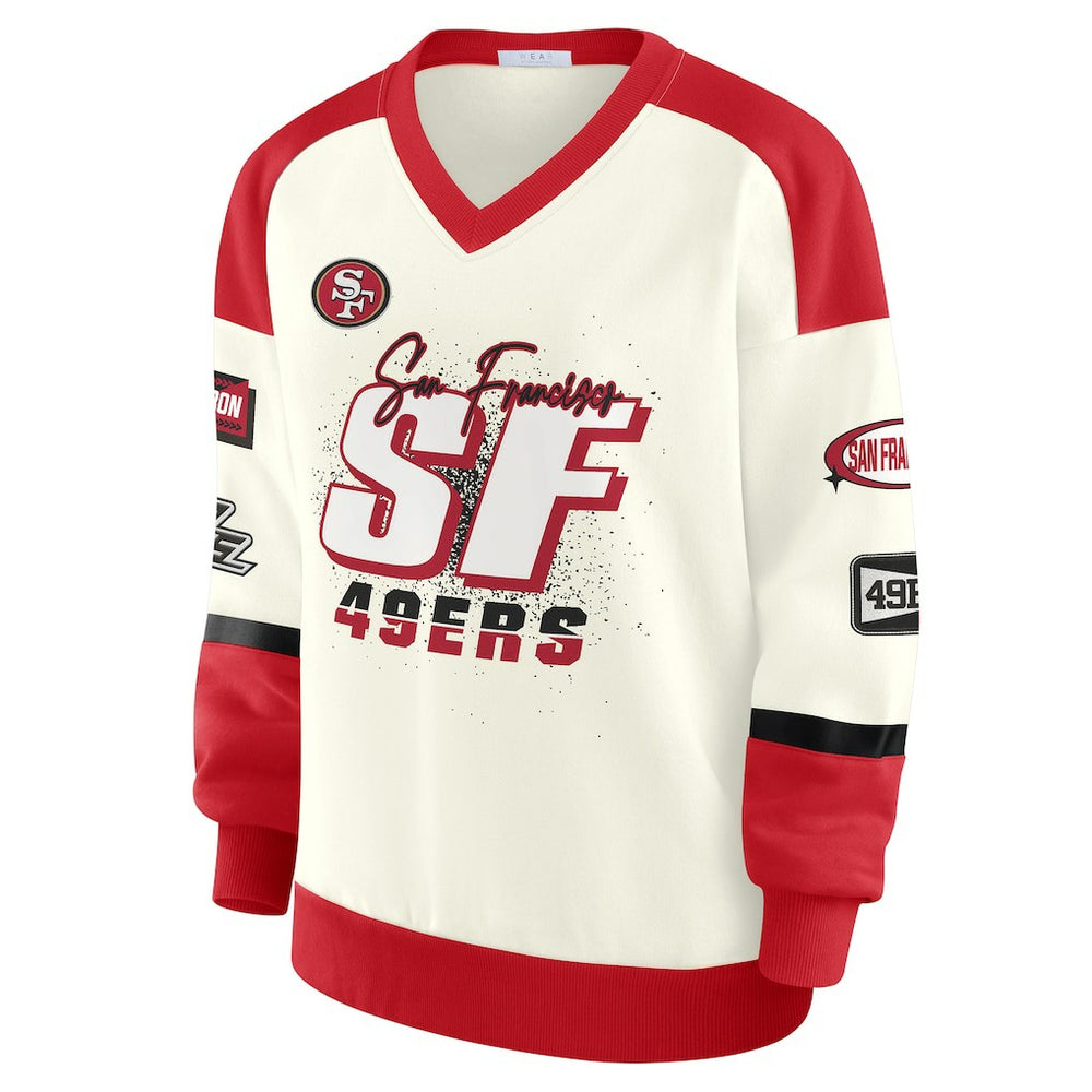 San Francisco 49ers WEAR by Erin Andrews Women's Racing Crew V-Neck Sweatshirt | NFL Near me