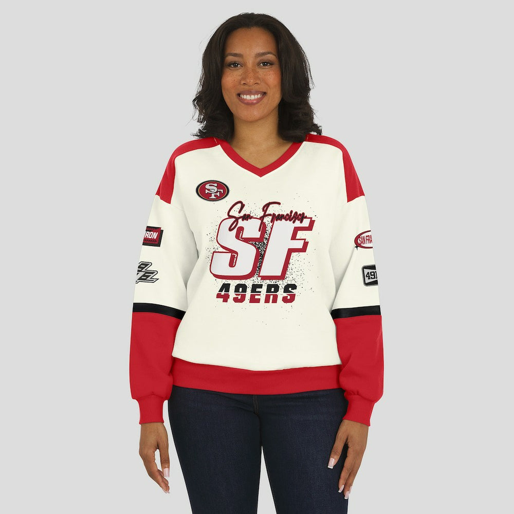 San Francisco 49ers WEAR by Erin Andrews Women's Racing Crew V-Neck Sweatshirt | NFL Near me