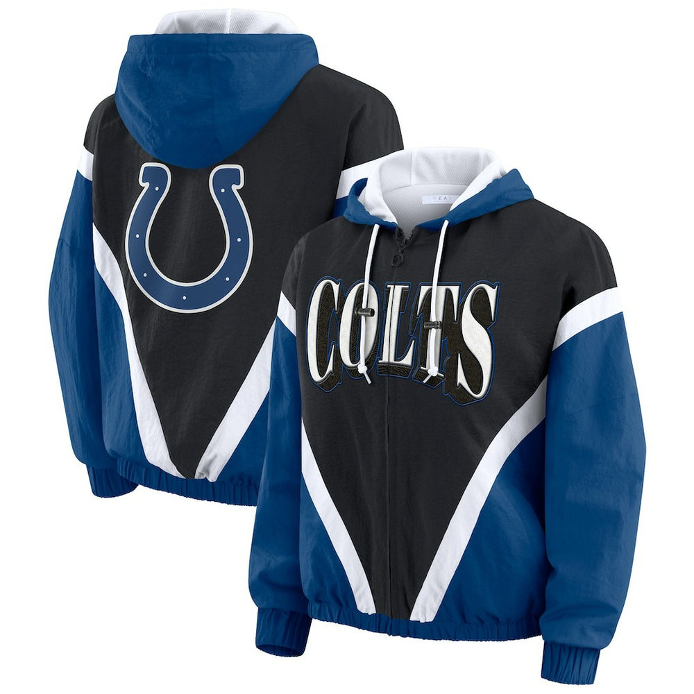 Indianapolis Colts WEAR by Erin Andrews Women's Plus Size Retro Crinkle Full-Zip Hoodie Windbreaker Jacket | NFL Sale