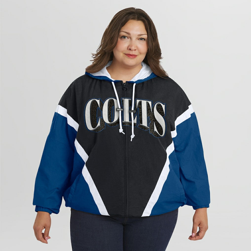 Indianapolis Colts WEAR by Erin Andrews Women's Plus Size Retro Crinkle Full-Zip Hoodie Windbreaker Jacket | NFL Sale