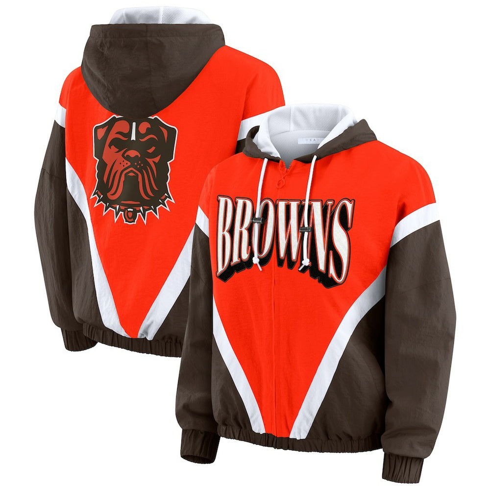 Cleveland Browns WEAR by Erin Andrews Women's Plus Size Retro Crinkle Full-Zip Hoodie Windbreaker Jacket | NFL Hot