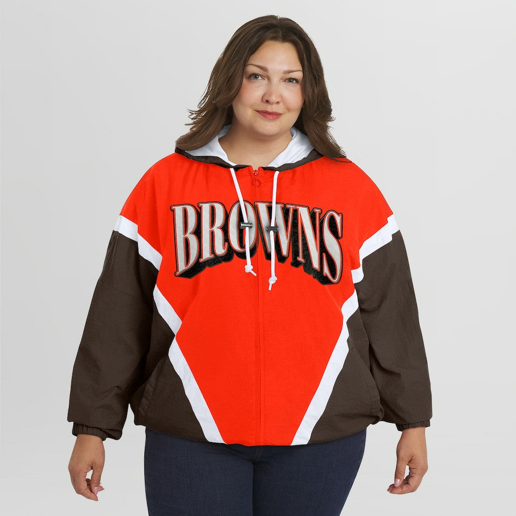 Cleveland Browns WEAR by Erin Andrews Women's Plus Size Retro Crinkle Full-Zip Hoodie Windbreaker Jacket | NFL Hot