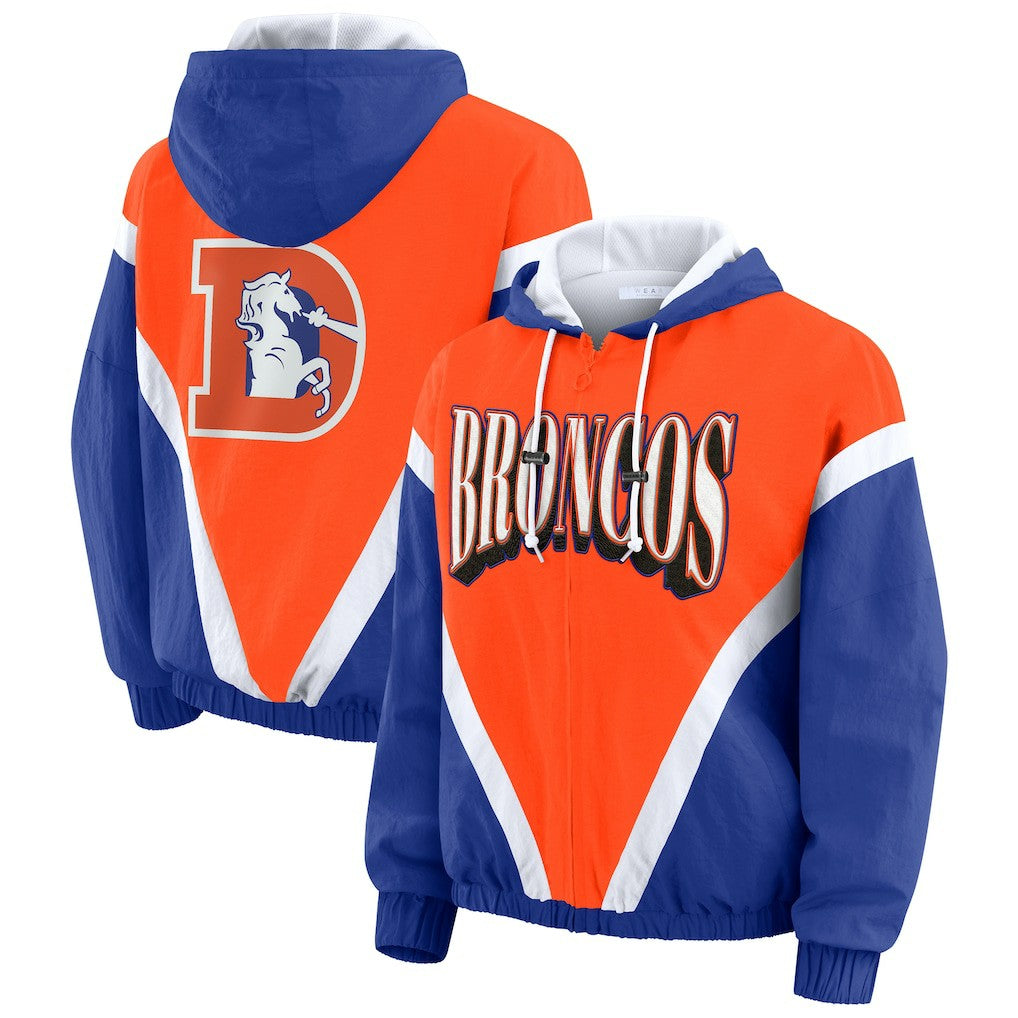 Denver Broncos WEAR by Erin Andrews Women's Plus Size Retro Crinkle Full-Zip Hoodie Windbreaker Jacket | NFL Near me