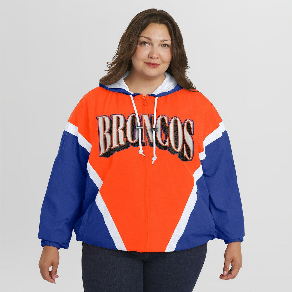 Denver Broncos WEAR by Erin Andrews Women's Plus Size Retro Crinkle Full-Zip Hoodie Windbreaker Jacket | NFL Near me