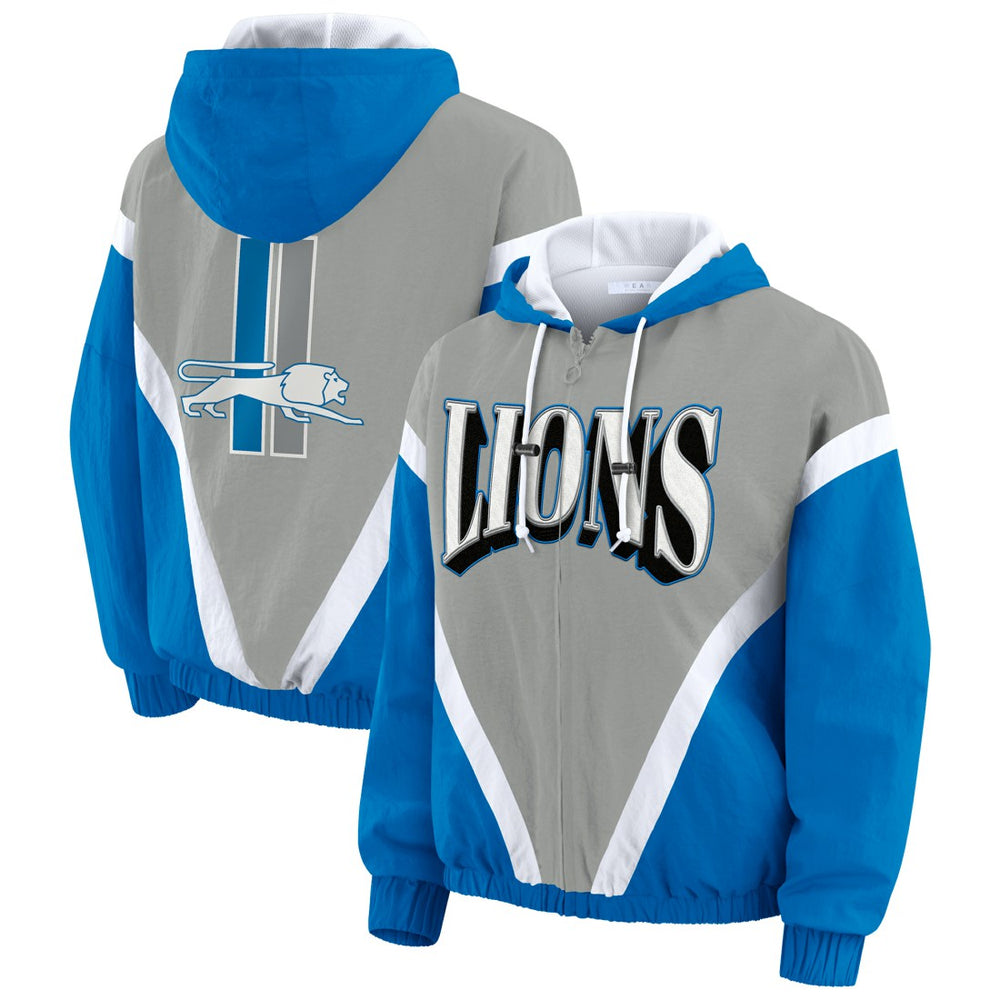 Detroit Lions WEAR by Erin Andrews Women's Plus Size Retro Crinkle Full-Zip Hoodie Windbreaker Jacket | NFL On sale