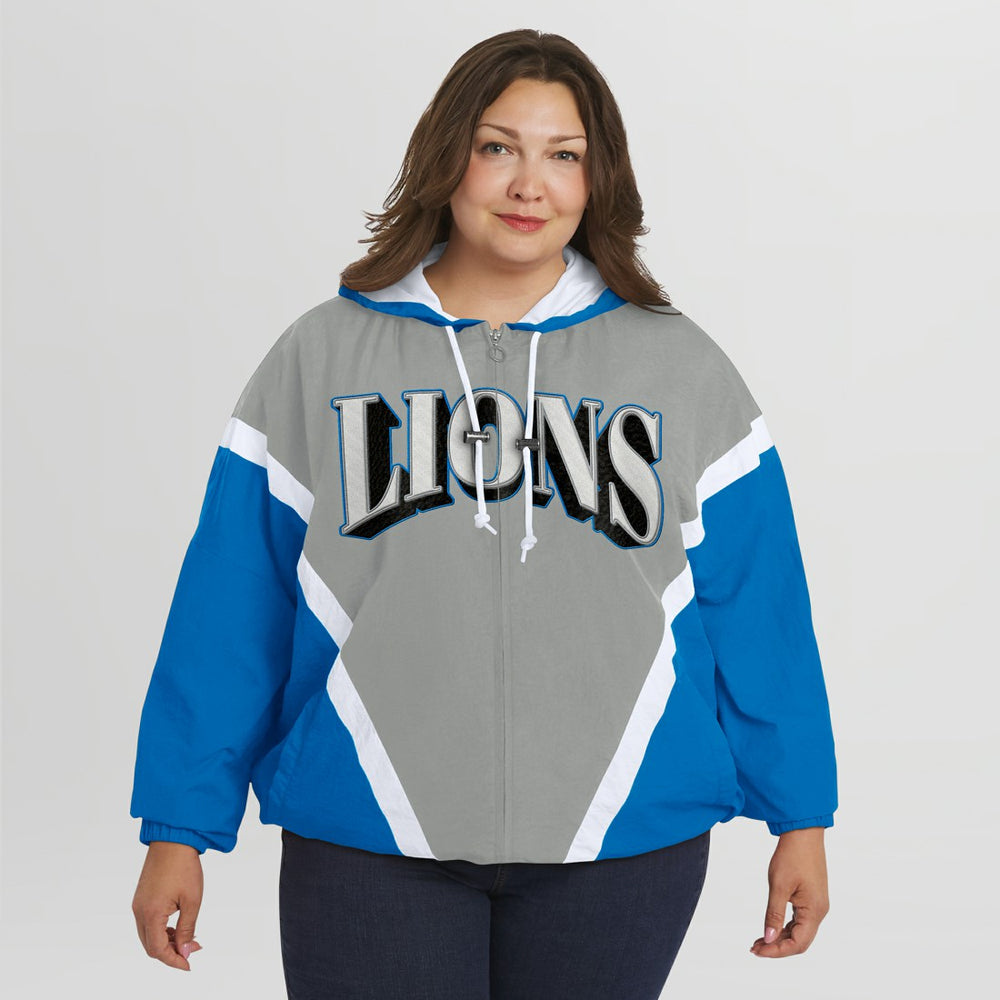 Detroit Lions WEAR by Erin Andrews Women's Plus Size Retro Crinkle Full-Zip Hoodie Windbreaker Jacket | NFL On sale