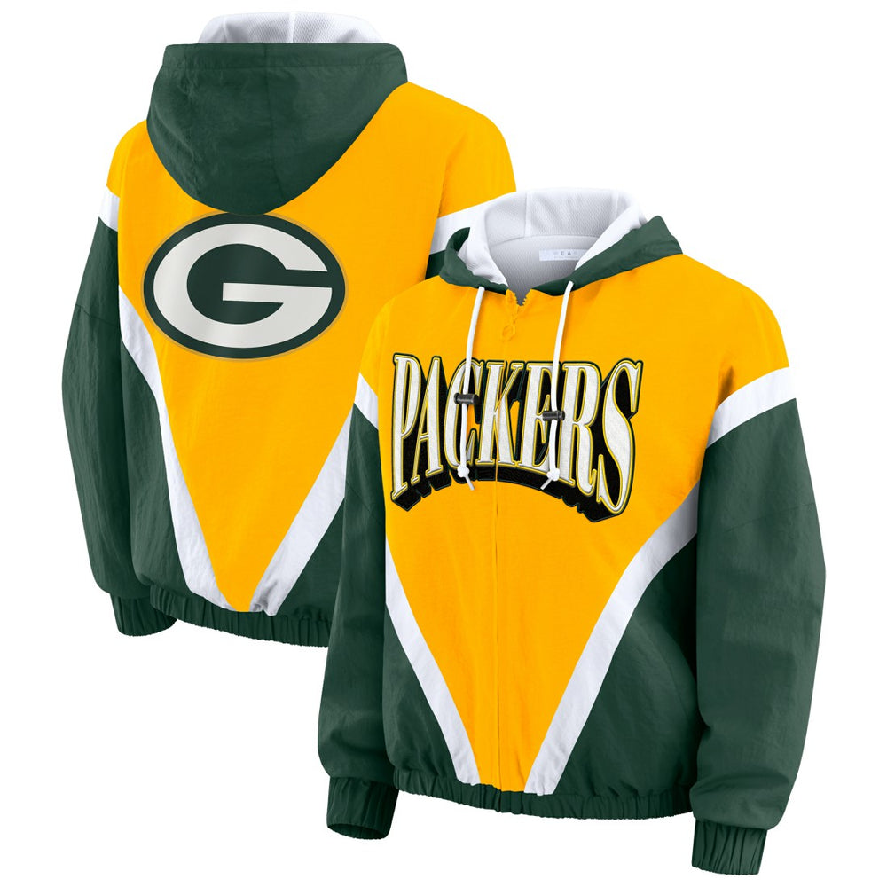 Green Bay Packers WEAR by Erin Andrews Women's Plus Size Retro Crinkle Full-Zip Hoodie Windbreaker Jacket | NFL Online