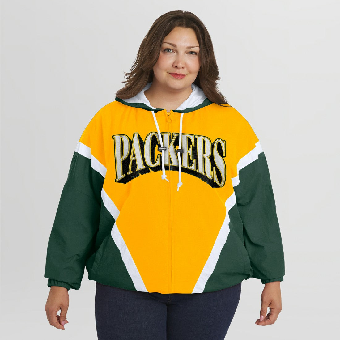 Green Bay Packers WEAR by Erin Andrews Women's Plus Size Retro Crinkle Full-Zip Hoodie Windbreaker Jacket | NFL Online