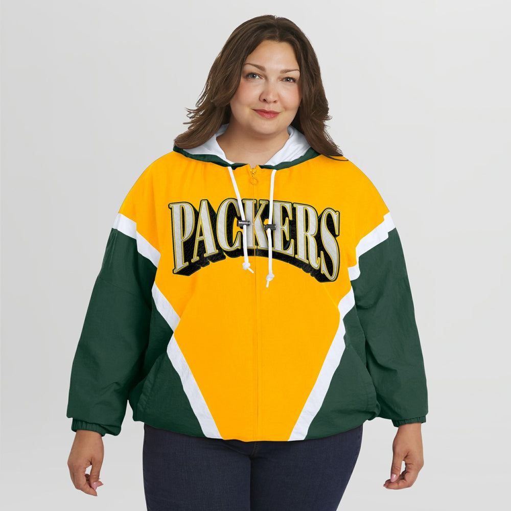 Green Bay Packers WEAR by Erin Andrews Women's Plus Size Retro Crinkle Full-Zip Hoodie Windbreaker Jacket | NFL Online