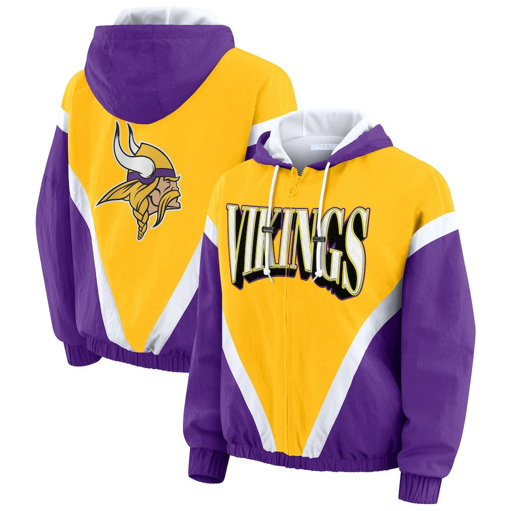 Minnesota Vikings WEAR by Erin Andrews Women's Plus Size Retro Crinkle Full-Zip Hoodie Windbreaker Jacket | NFL On sale