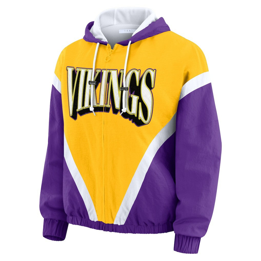 Minnesota Vikings WEAR by Erin Andrews Women's Plus Size Retro Crinkle Full-Zip Hoodie Windbreaker Jacket | NFL On sale