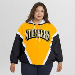 Pittsburgh Steelers WEAR by Erin Andrews Women's Plus Size Retro Crinkle Full-Zip Hoodie Windbreaker Jacket | NFL New