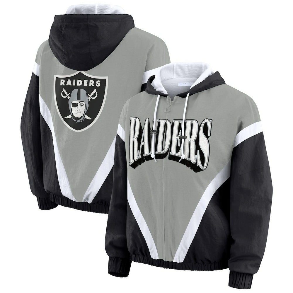 Las Vegas Raiders WEAR by Erin Andrews Women's Plus Size Retro Crinkle Full-Zip Hoodie Windbreaker Jacket | NFL Outlet