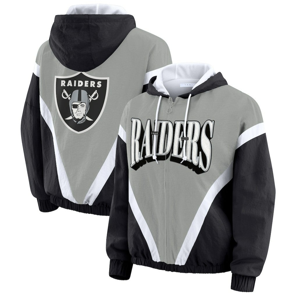 Las Vegas Raiders WEAR by Erin Andrews Women's Plus Size Retro Crinkle Full-Zip Hoodie Windbreaker Jacket | NFL Outlet